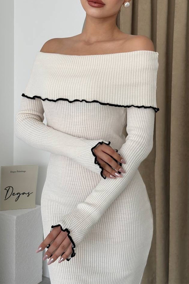 Patchwork Contrast Potholes Off Shoulder One Step Skirt Dresses