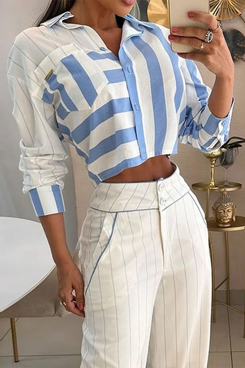 Stripe Buttons Patchwork Contrast Turndown Collar Long Sleeve Two Pieces