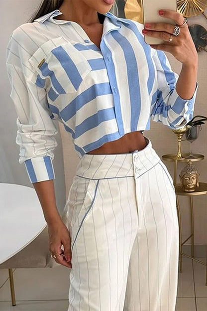 Stripe Buttons Patchwork Contrast Turndown Collar Long Sleeve Two Pieces