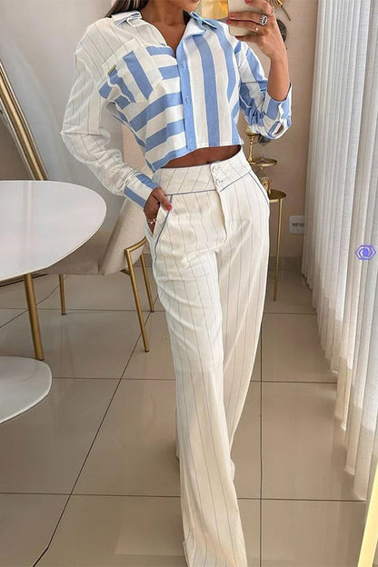 Stripe Buttons Patchwork Contrast Turndown Collar Long Sleeve Two Pieces