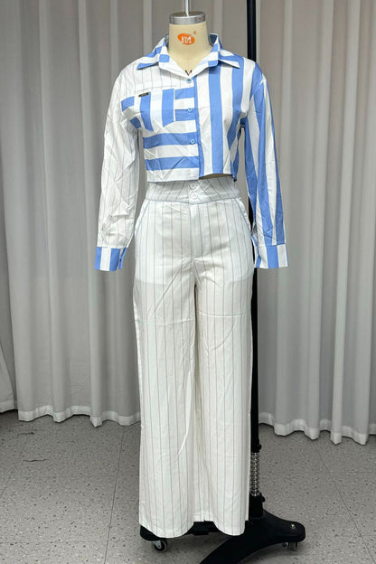 Stripe Buttons Patchwork Contrast Turndown Collar Long Sleeve Two Pieces