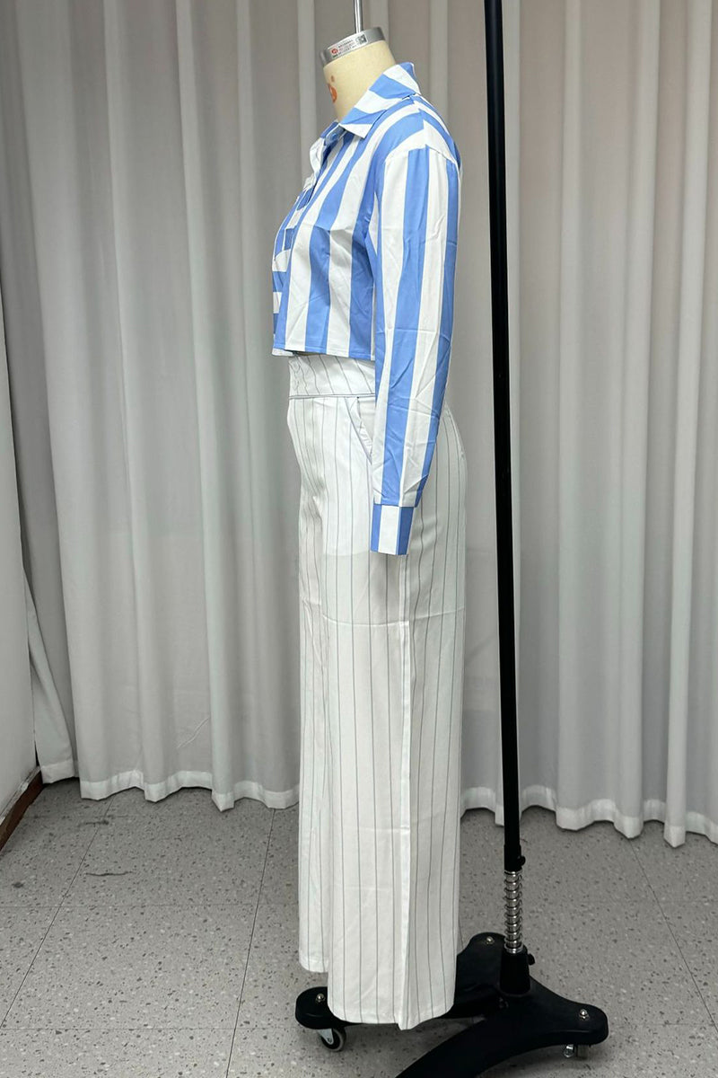 Stripe Buttons Patchwork Contrast Turndown Collar Long Sleeve Two Pieces
