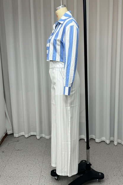 Stripe Buttons Patchwork Contrast Turndown Collar Long Sleeve Two Pieces