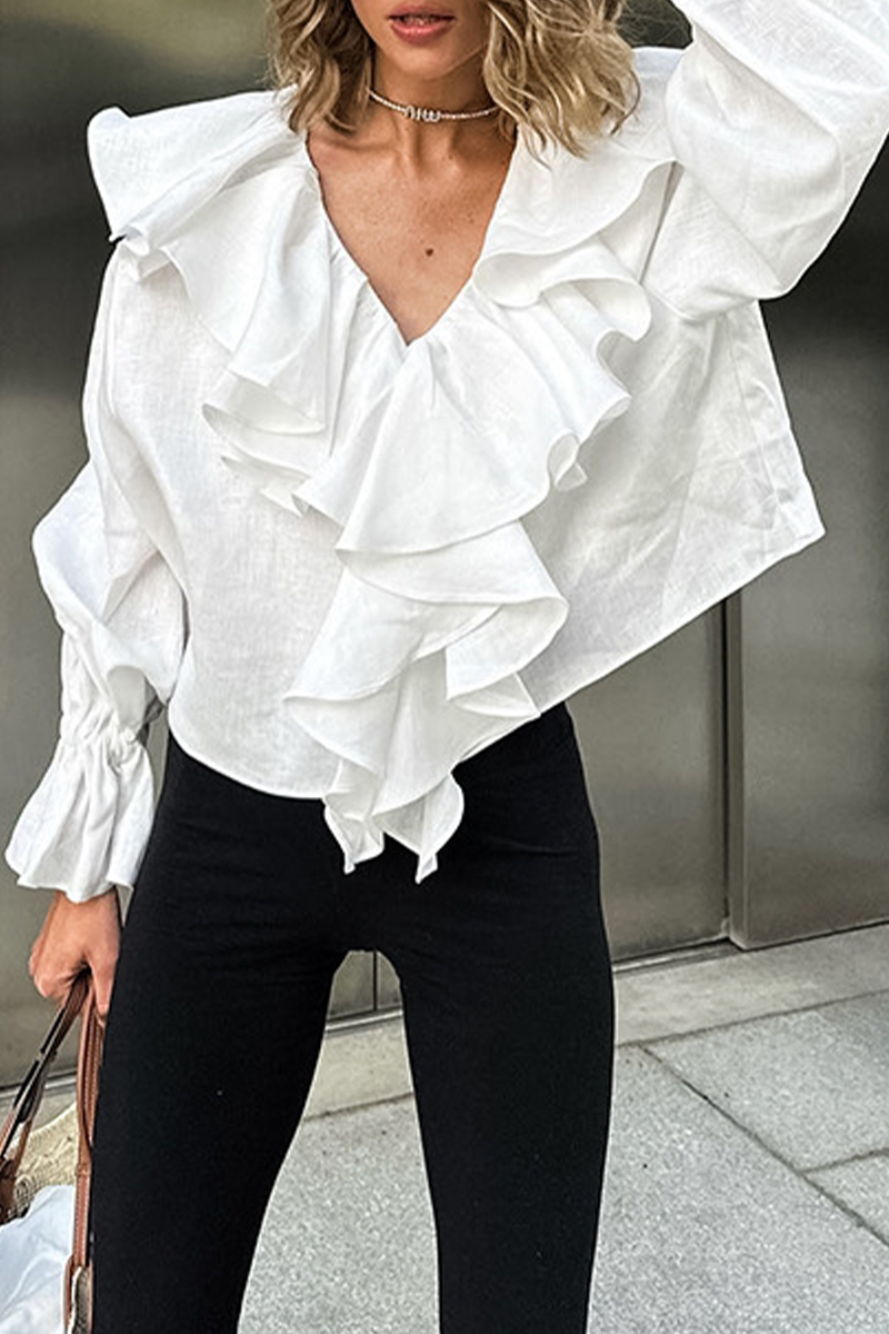 Color Ruffle V Neck Blouses