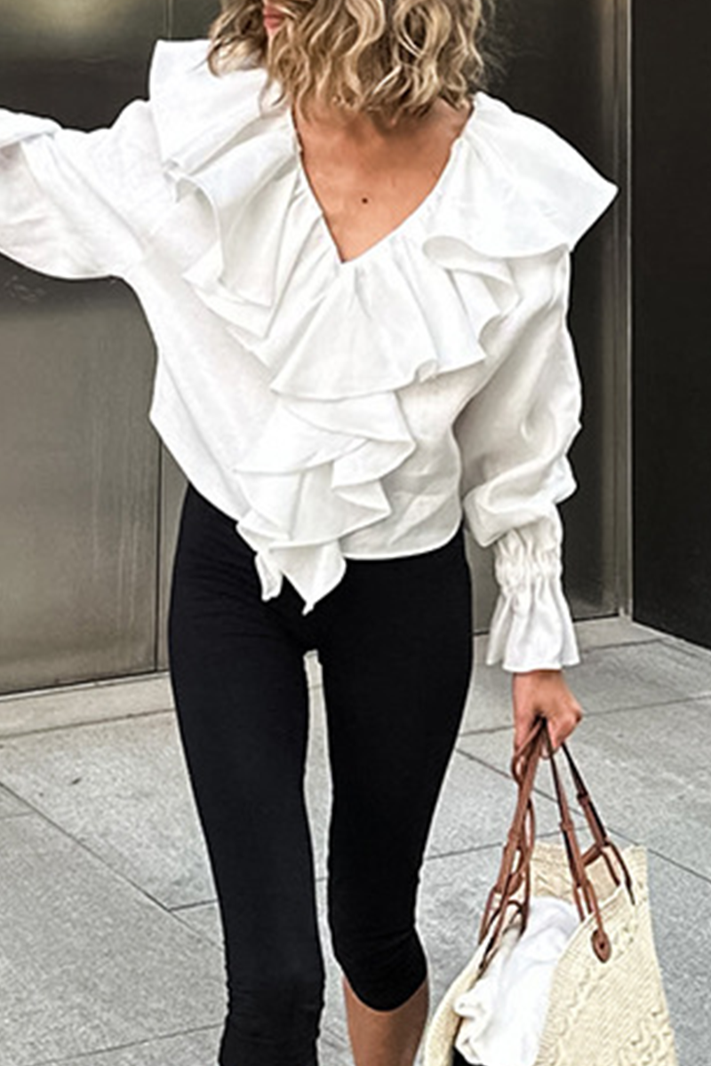 Color Ruffle V Neck Blouses