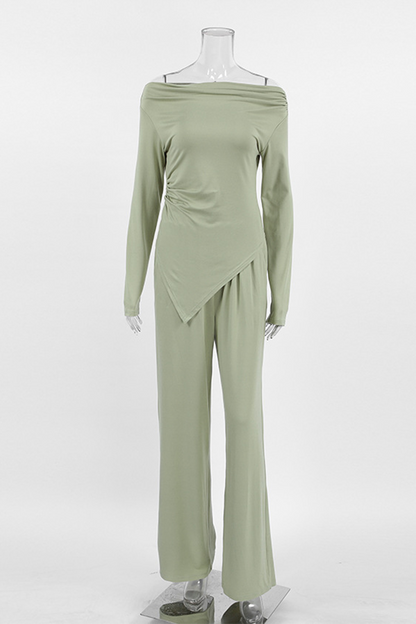 Street Ruched Irregular Off Shoulder Long Sleeve Two Pieces