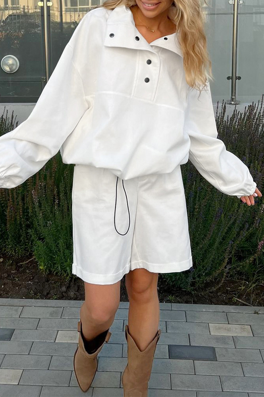 Street Draw String Pocket Buttons Turndown Collar Long Sleeve Two Pieces