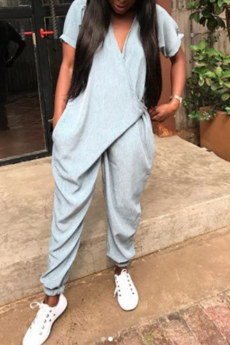 Lace Up V Neck Regular Jumpsuits(3 Colors)