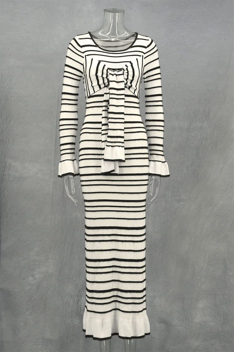 Stripe Patchwork Bow Decor Contrast O Neck One Step Skirt Dresses