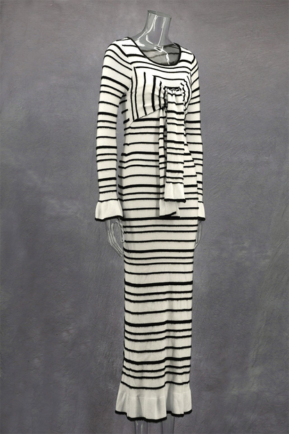 Stripe Patchwork Bow Decor Contrast O Neck One Step Skirt Dresses