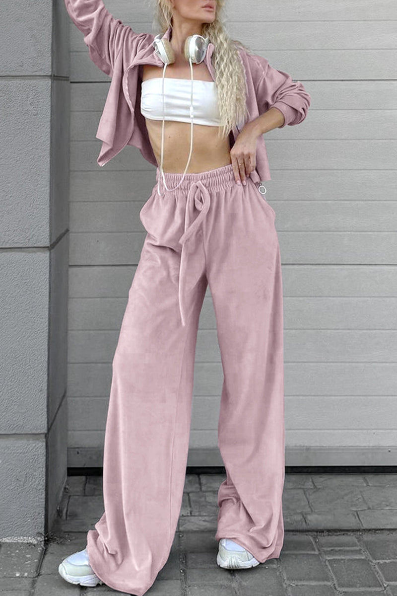 Street Pocket Lace Up Turndown Collar Long Sleeve Two Pieces
