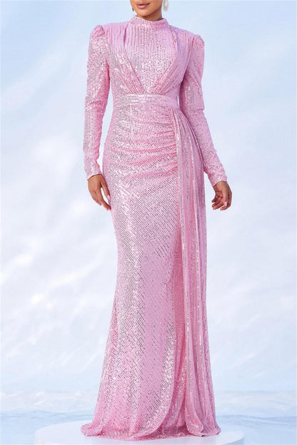 Formal Color Sequins Patchwork Ruched Half a Turtleneck Long Dresses