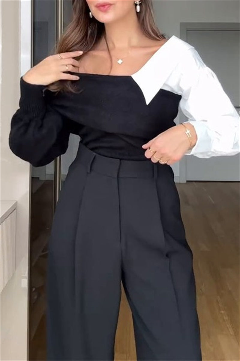 Patchwork Contrast V Neck Sweaters