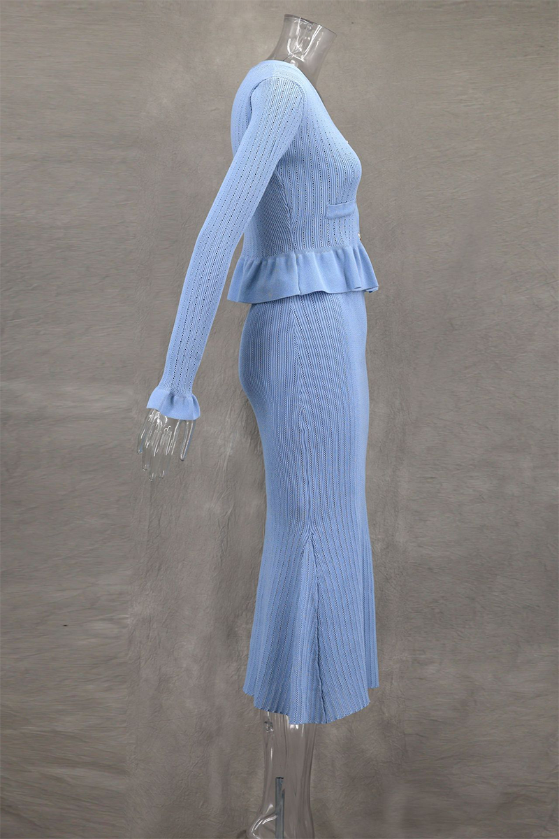 Buttons Ruffle Fishtail Potholes V Neck Long Sleeve Two Pieces