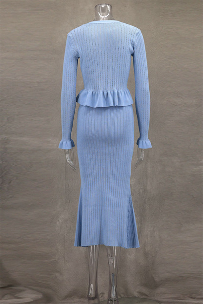 Buttons Ruffle Fishtail Potholes V Neck Long Sleeve Two Pieces
