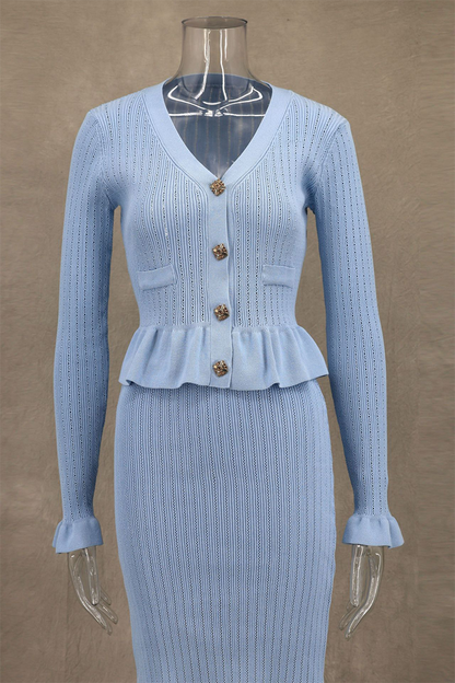 Buttons Ruffle Fishtail Potholes V Neck Long Sleeve Two Pieces