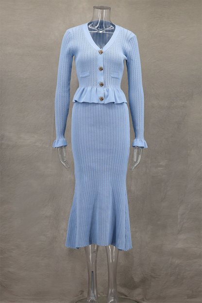 Buttons Ruffle Fishtail Potholes V Neck Long Sleeve Two Pieces