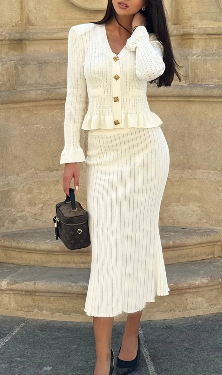 Buttons Ruffle Fishtail Potholes V Neck Long Sleeve Two Pieces