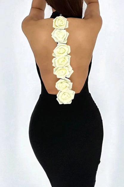 Party Hot Color Flowers Patchwork Backless Halter Wrapped Skirt Dresses