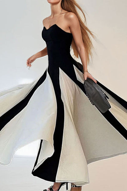 Patchwork Contrast Strapless Long Dresses