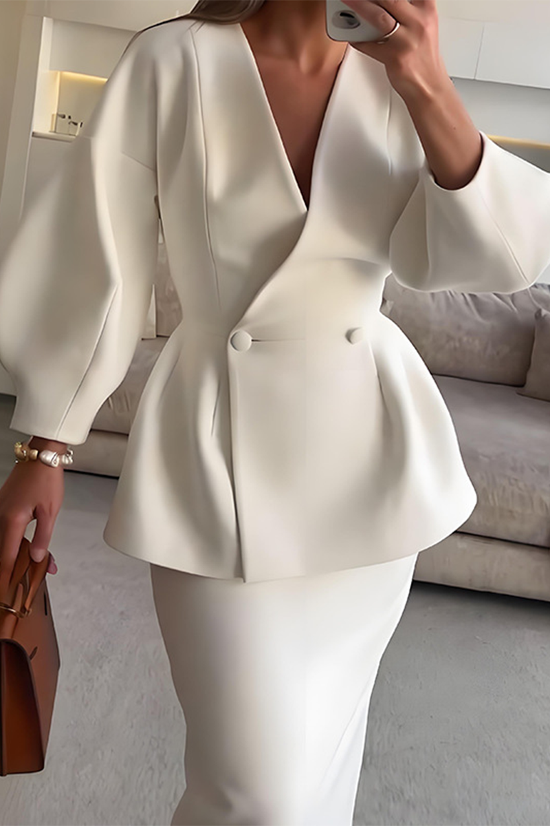 Buttons V Neck Long Sleeve Two Pieces
