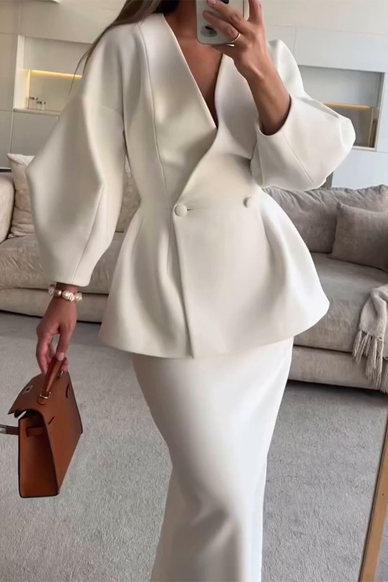Buttons V Neck Long Sleeve Two Pieces