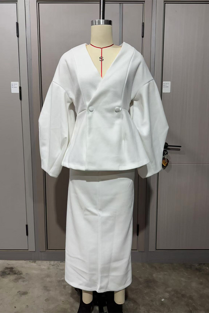 Buttons V Neck Long Sleeve Two Pieces