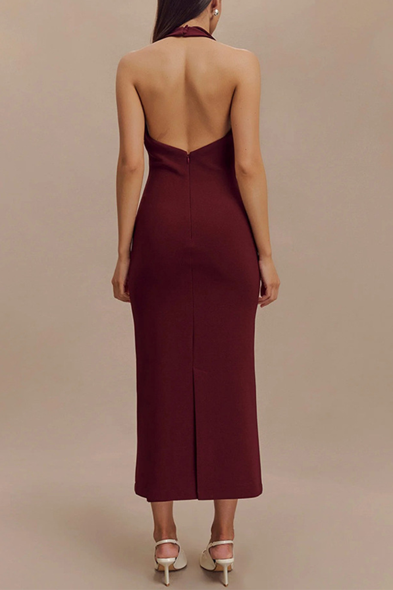 Buckle Backless Turndown Collar One Step Skirt Dresses(3 Colors)