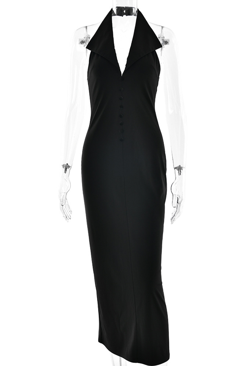 Buckle Backless Turndown Collar One Step Skirt Dresses(3 Colors)