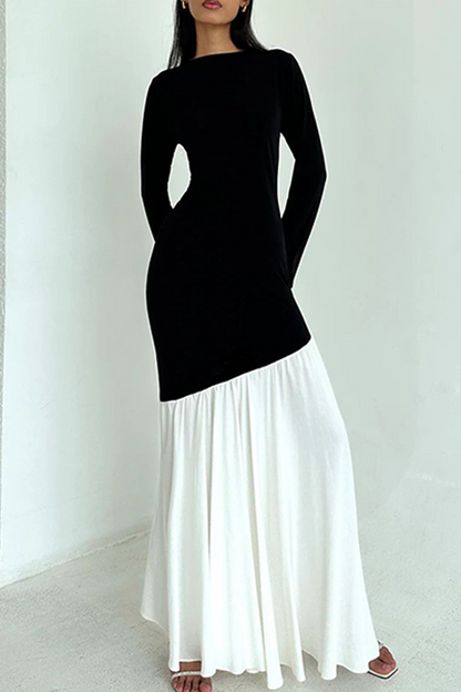 Ruched Contrast O Neck Long Dresses