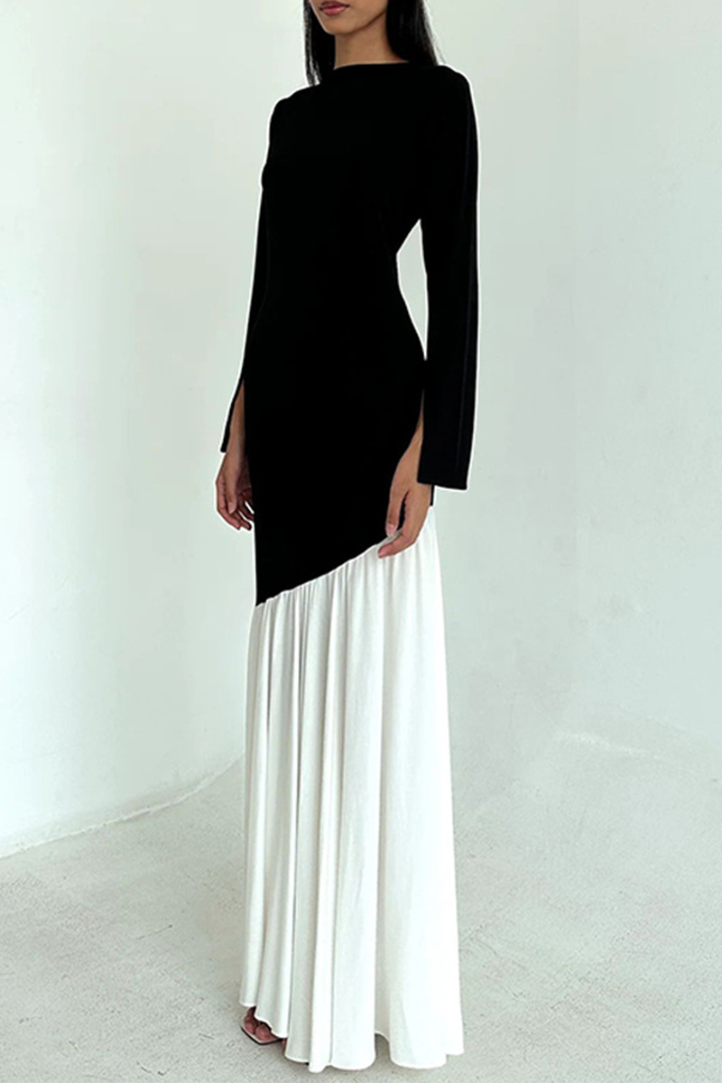 Ruched Contrast O Neck Long Dresses