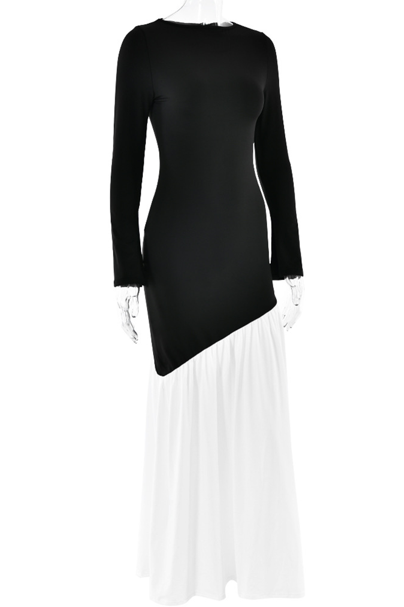 Ruched Contrast O Neck Long Dresses