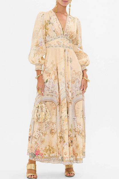 Print Contrast V Neck Waist Skirt Dresses