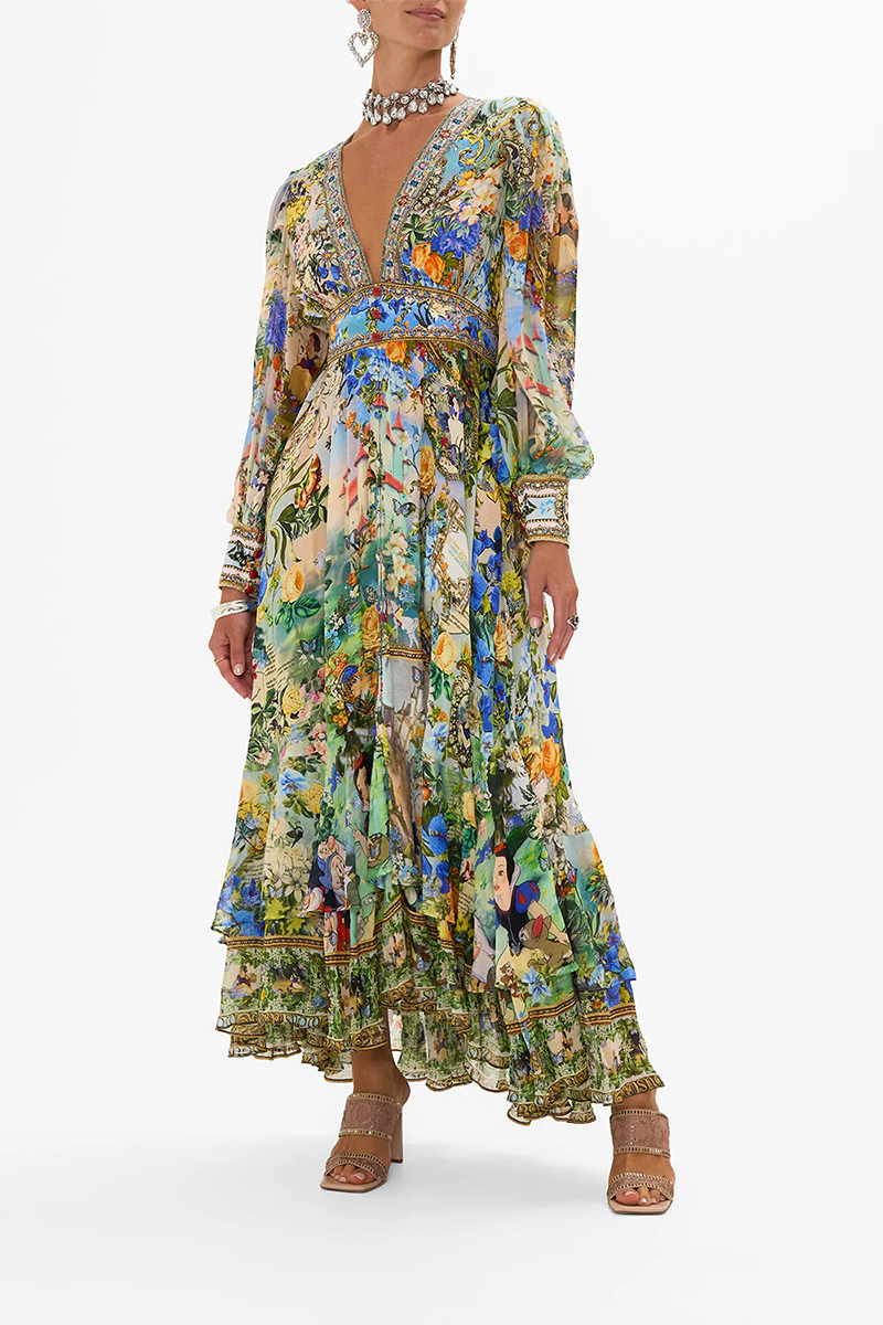 Print Contrast V Neck Waist Skirt Dresses