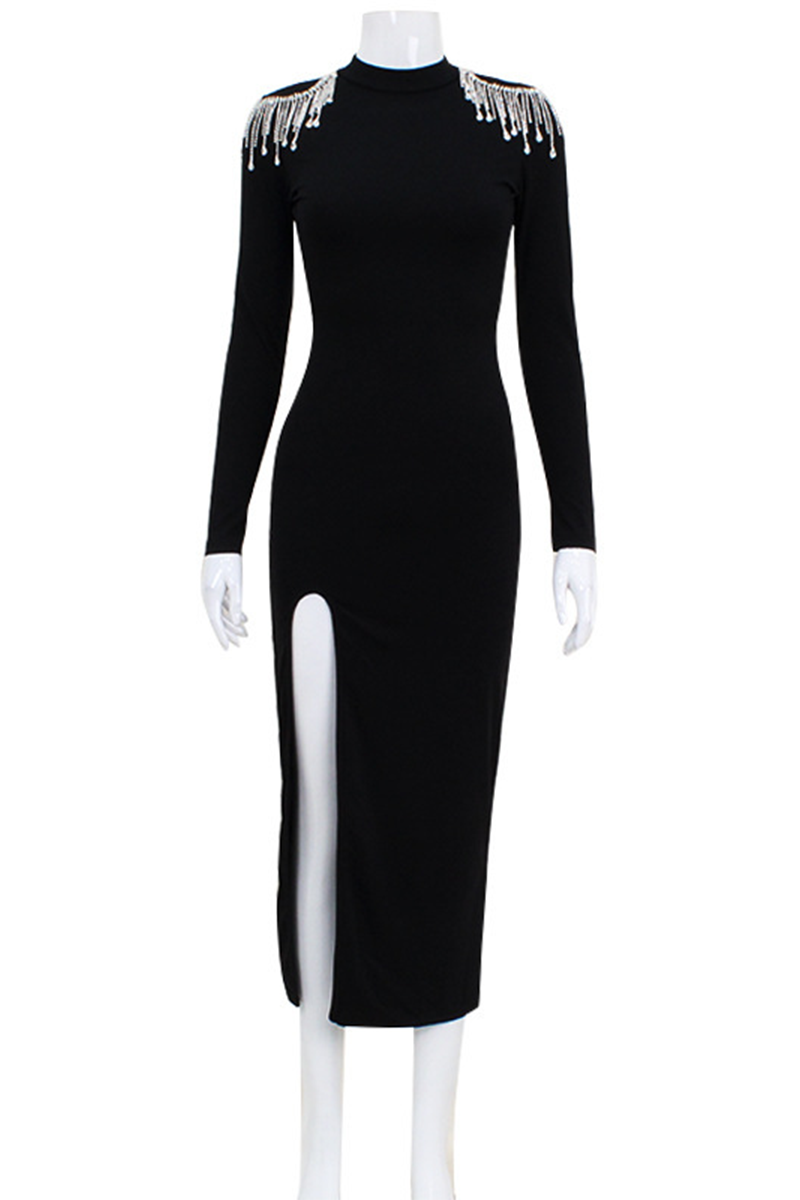 Rhinestone Fringed Trim Slit Turtleneck Wrapped Skirt Dresses
