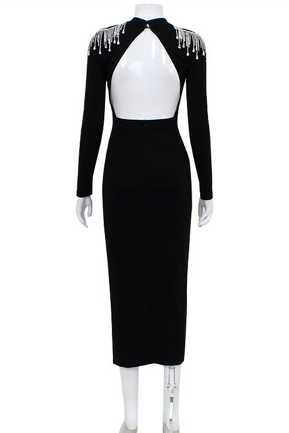 Rhinestone Fringed Trim Slit Turtleneck Wrapped Skirt Dresses