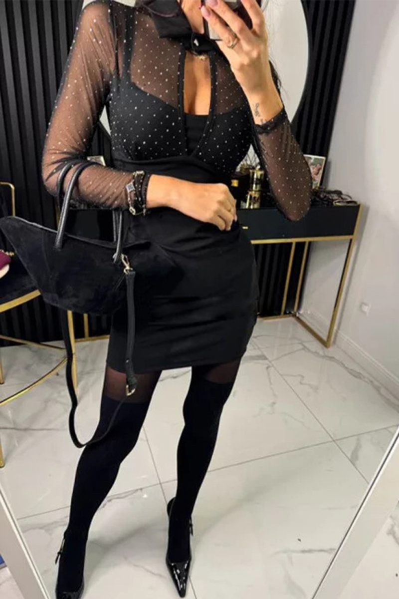 Buttons Mesh Hot Drill Turndown Collar Wrapped Skirt Dresses(3 Colors)