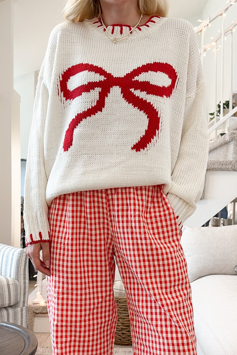 Bow Weave Contrast O Neck Sweaters
