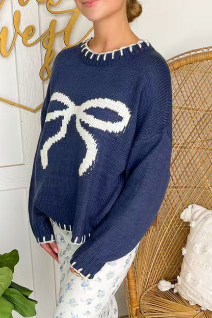 Bow Weave Contrast O Neck Sweaters