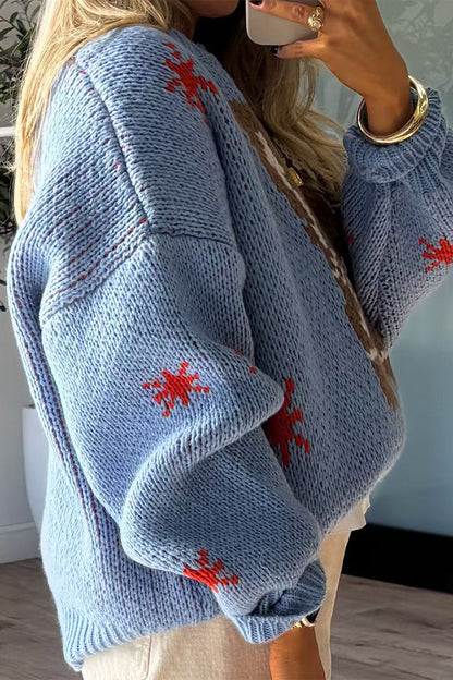 Snowflakes Weave Contrast O Neck Sweaters