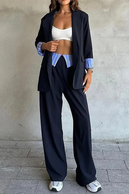 Street Stripe Pocket Patchwork Turn-back Collar Long Sleeve Two Pieces