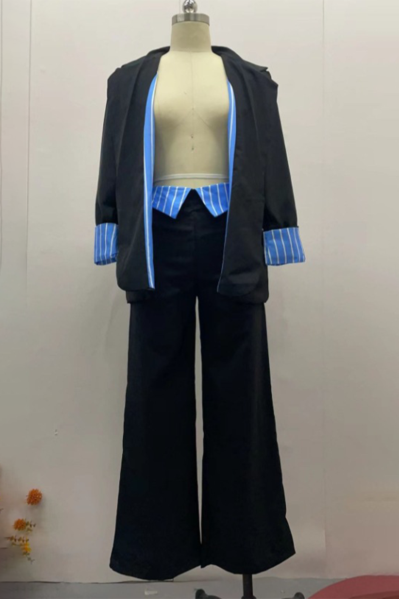 Street Stripe Pocket Patchwork Turn-back Collar Long Sleeve Two Pieces