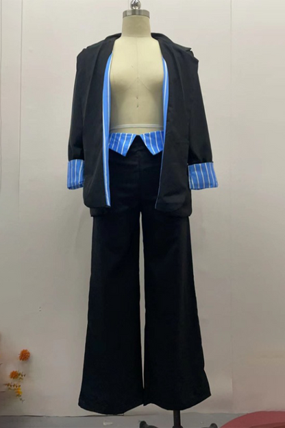 Street Stripe Pocket Patchwork Turn-back Collar Long Sleeve Two Pieces