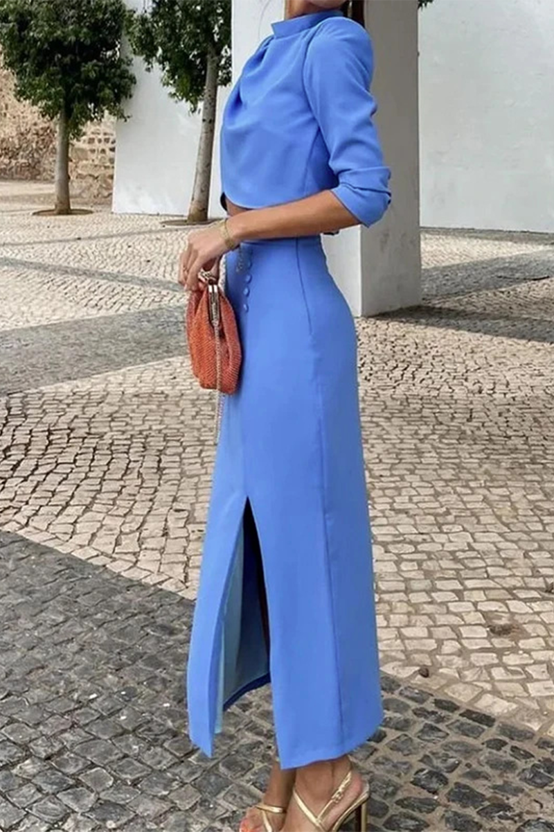 Street Slit Ruched Half a Turtleneck Long Sleeve Two Pieces