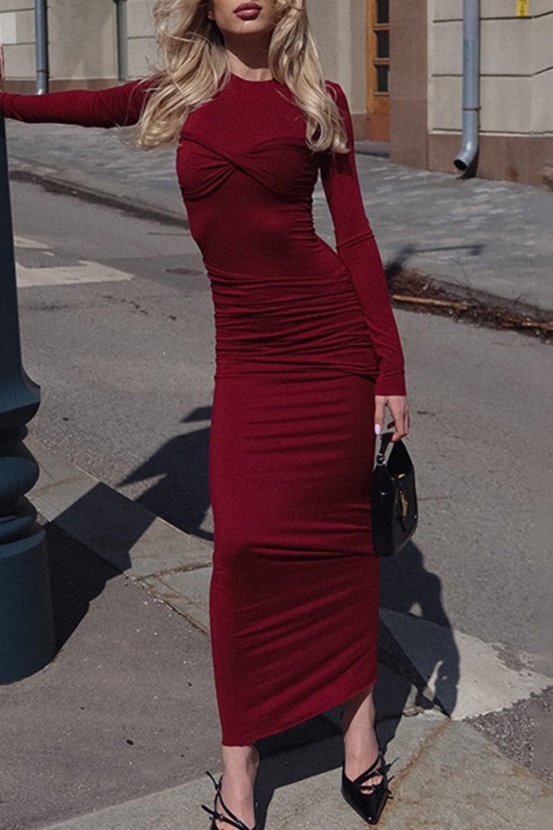 Ruched O Neck One Step Skirt Dresses
