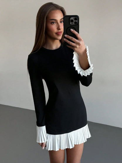 Flattering Round Neck Long Sleeve Colorblock Splice Dress