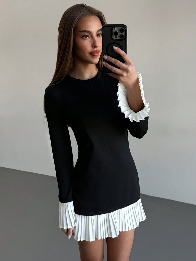 Flattering Round Neck Long Sleeve Colorblock Splice Dress
