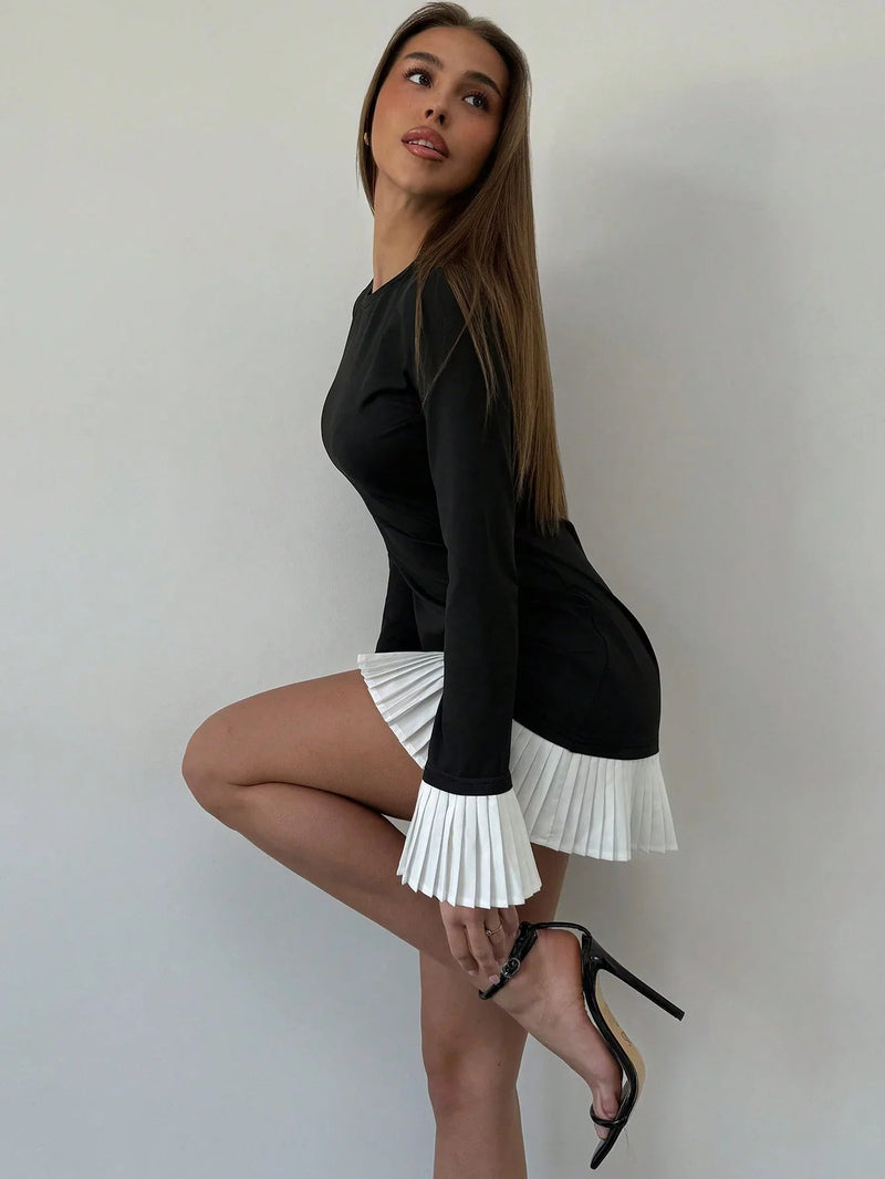 Flattering Round Neck Long Sleeve Colorblock Splice Dress