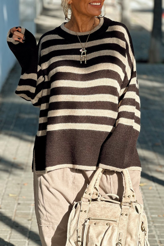 Stripe Weave Contrast O Neck Sweaters
