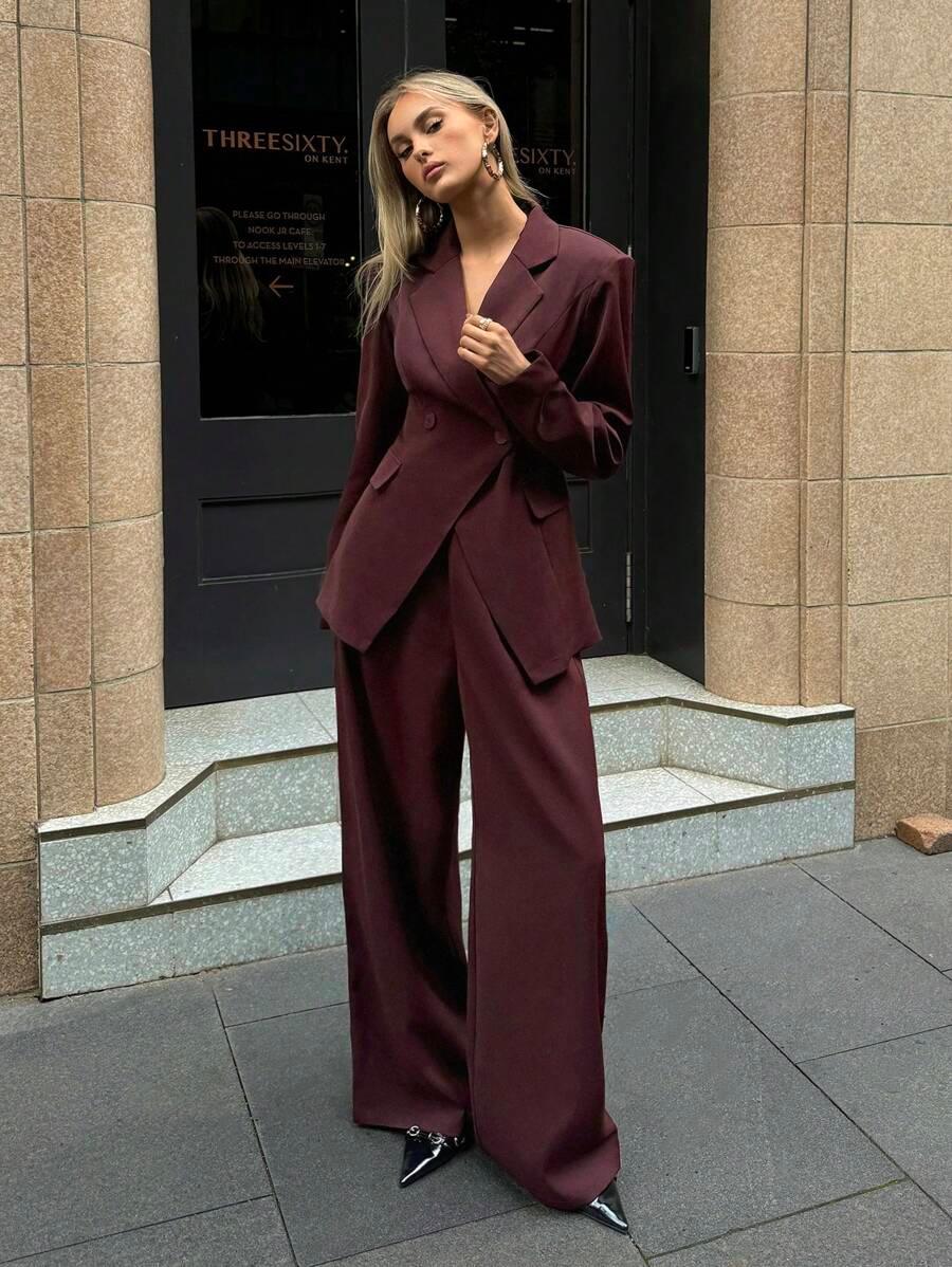 Notched Collar Jacket and Pants Office Suit Coffee Brown